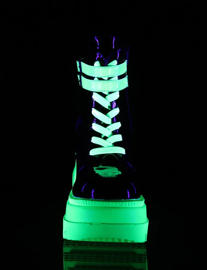 DEMONIA SHAKER-52 - BLACK PATENT UV NEON GREEN ✰ PRE ORDER ✰