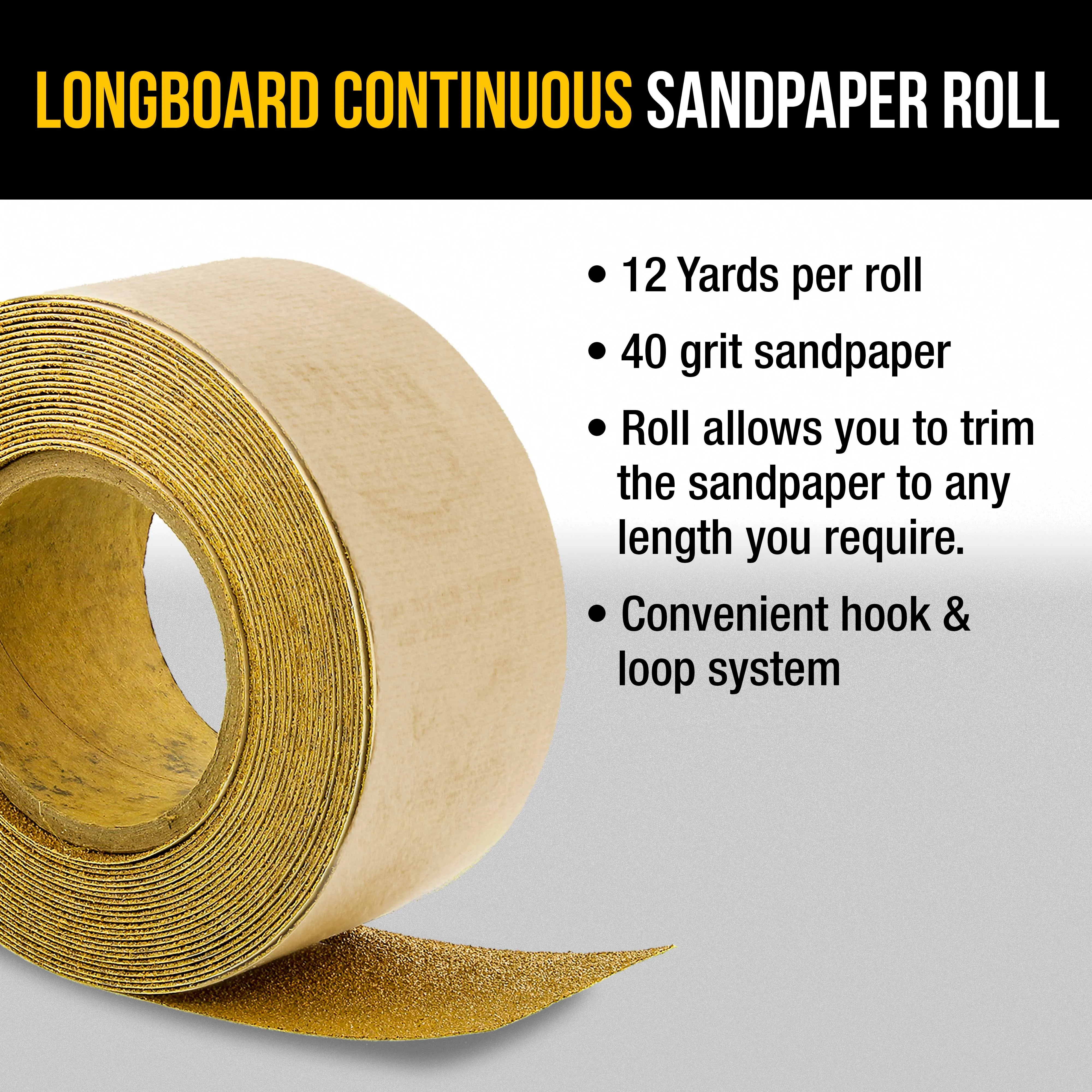 Dura-Gold Premium 40 Grit Gold Longboard Continuous Sandpaper Roll, 2-3/4" Wide, 12 Yards Long, Hook & Loop Backing - Automotive, Woodworking Sanding