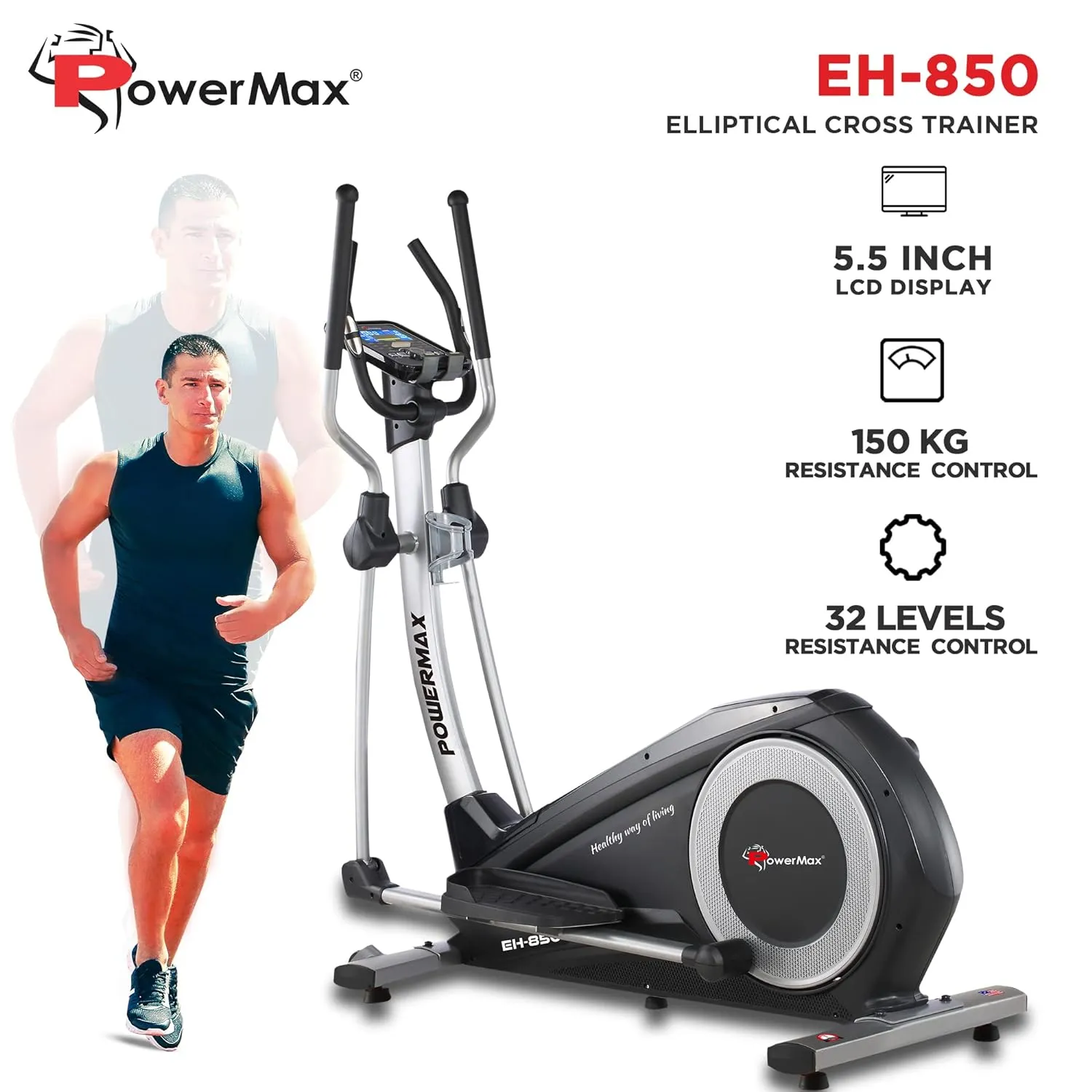 EH-850 Elliptical Cross Trainer Home Gym Workout Machine [Water Bottle Cage | LCD Display | Hand Pulse Sensor | Anti Slip Pedal & 32 Level Resistance | Flywheel: 14KG] for Cardio Training