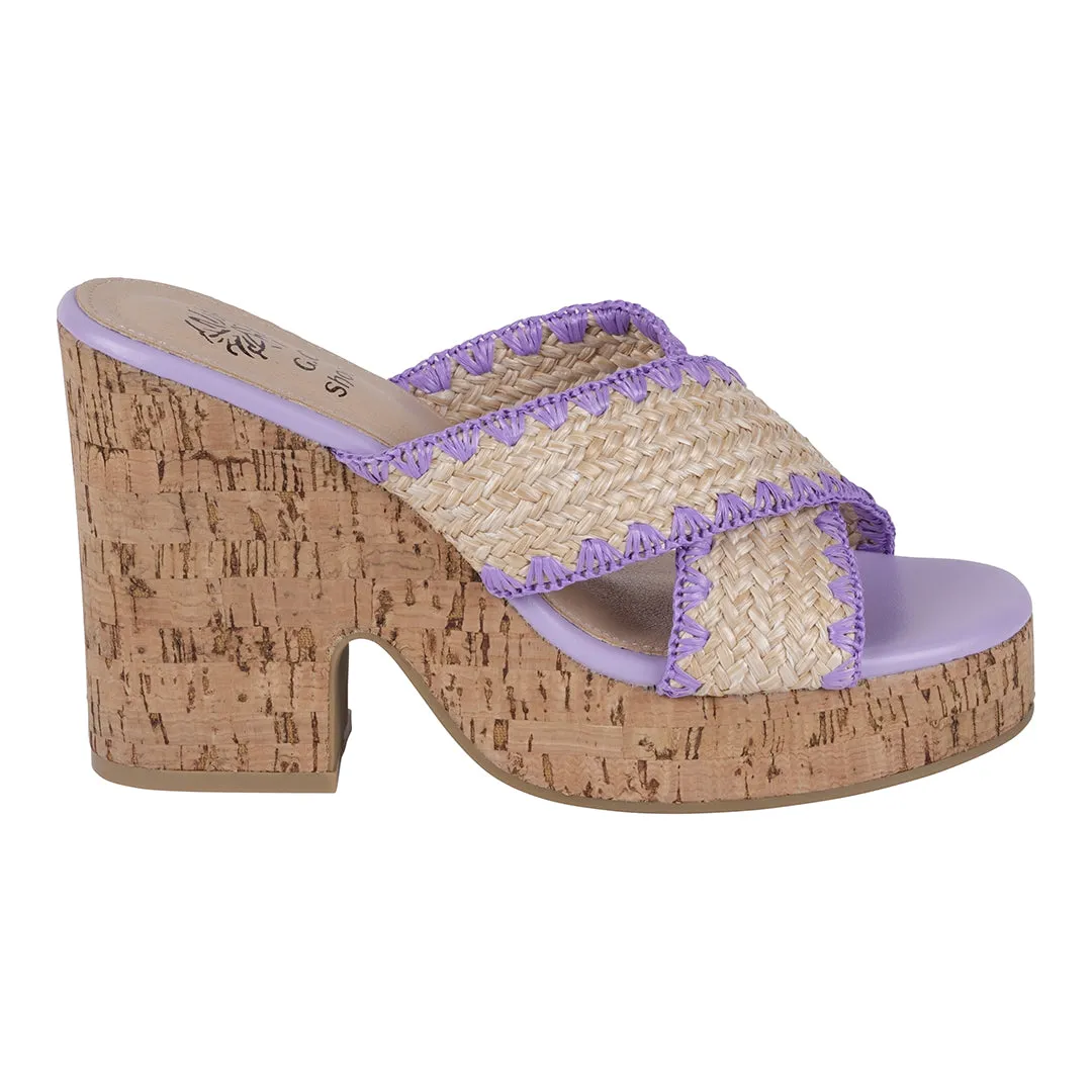 Elsa Lilac Woven Cross Strap Wooden Platform Heeled Sandals