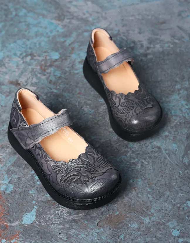 Embossed Comfortable Wide Toe Box Retro Wedges