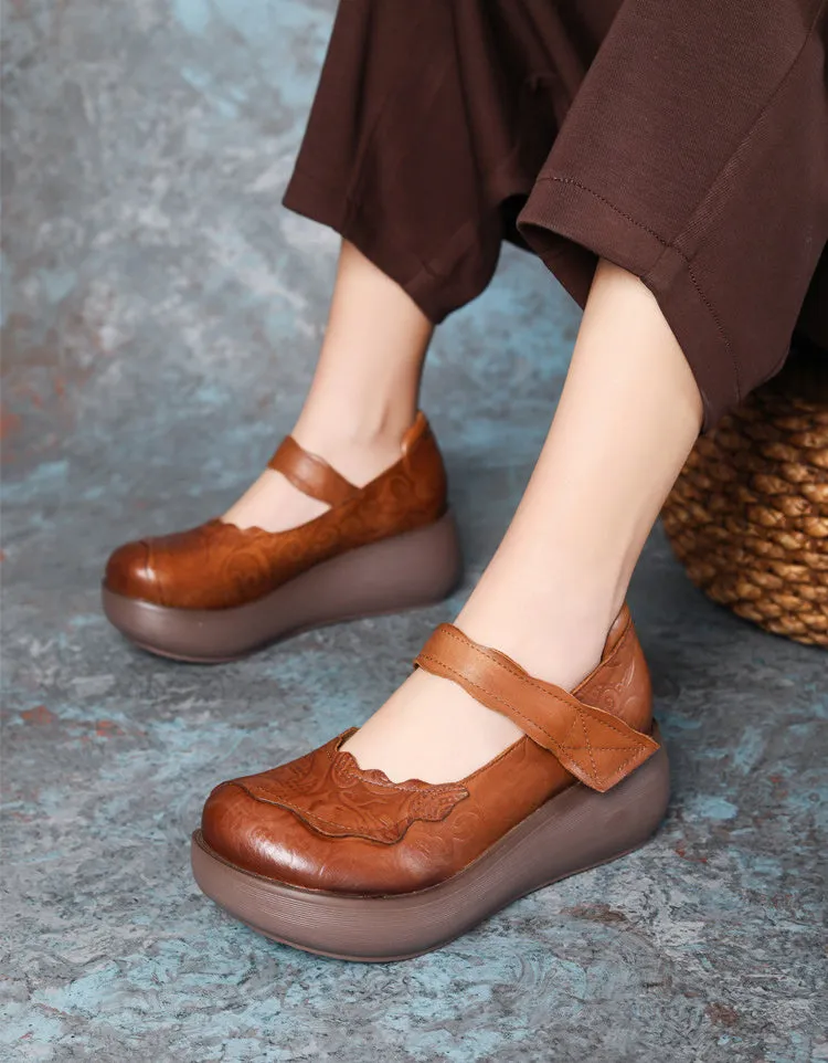 Embossed Comfortable Wide Toe Box Retro Wedges