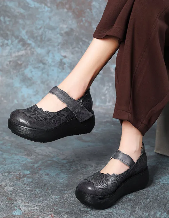 Embossed Comfortable Wide Toe Box Retro Wedges