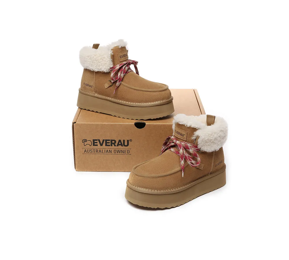 EVERAU® UGG Boots Women Sheepskin Wool Lace Up Ankle Platform Honour