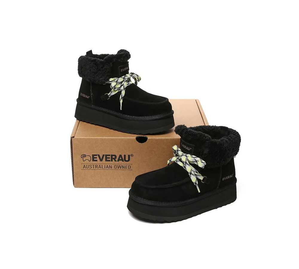 EVERAU® UGG Boots Women Sheepskin Wool Lace Up Ankle Platform Honour