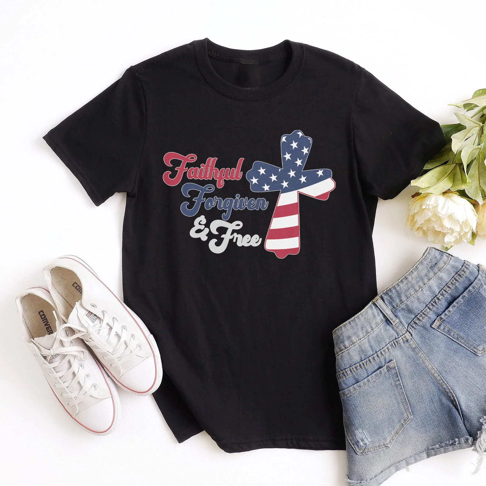 Faithful Forgiven & Free Patriotic Cross Tee