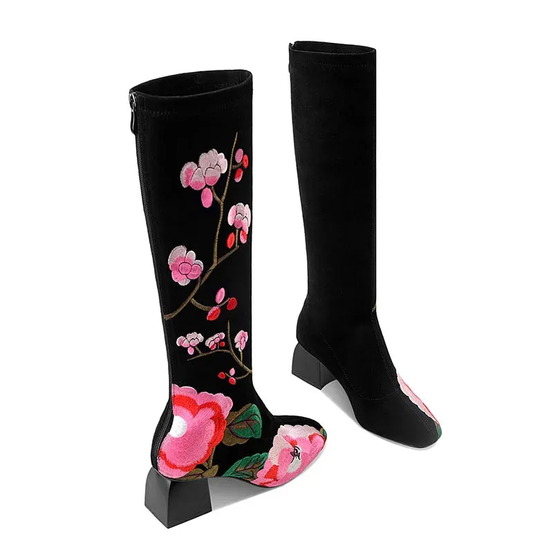 Floral Embroidered Square Heel Velvet Boots