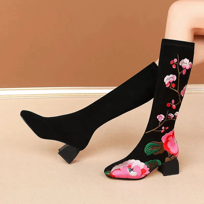 Floral Embroidered Square Heel Velvet Boots