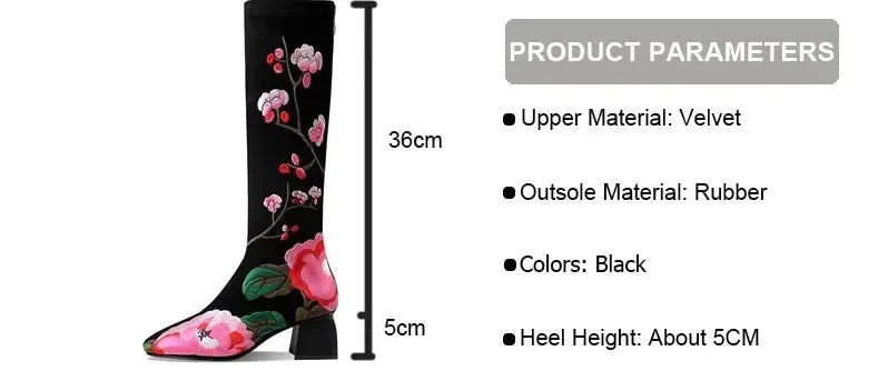 Floral Embroidered Square Heel Velvet Boots