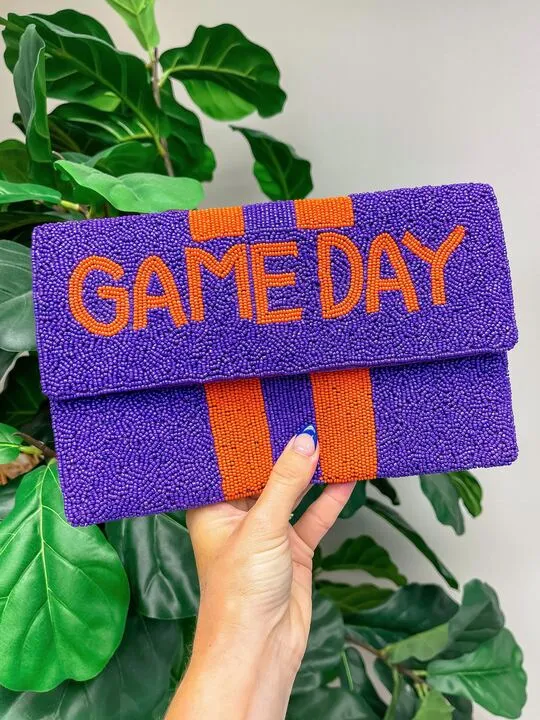 'Game Day' Beaded Clutch & Convertible Crossbody - Purple & Orange