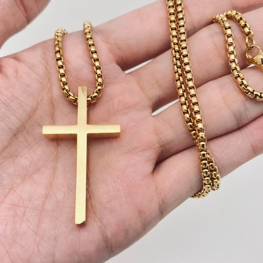 Glossy St Steel Cross Necklace Golden 24"