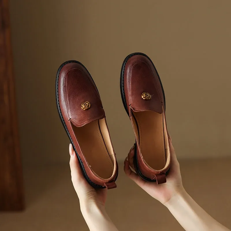 Handcrafted Retro Elegant Round Toe Red Large Size Loafers for Women