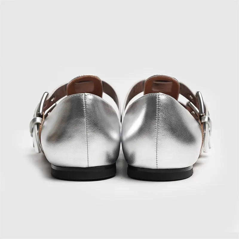 Handmade Leather Punk Style Point Toe Flats in Black/Silver