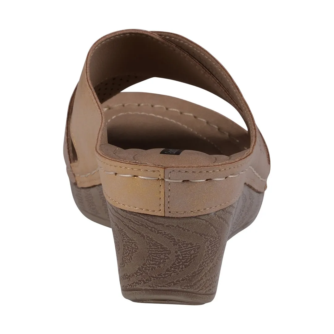 Hayden Perforated Tan/Bronze Contrast Cross Strap Wedge Sandals