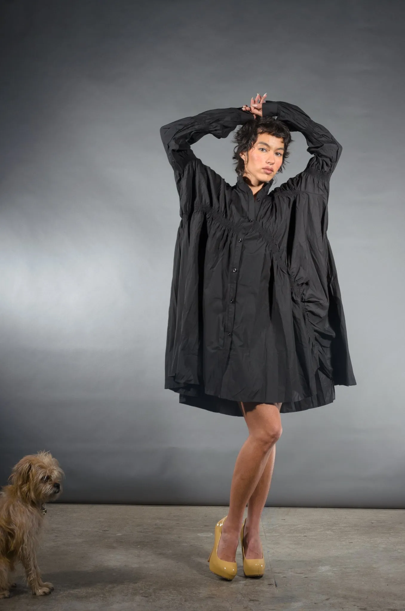 Hotaru Hedges Long Sleeve Cotton Pleated Shirt Dress in Black | Marigold Shadows