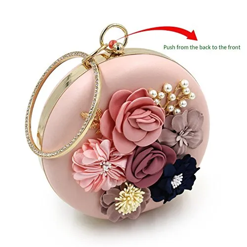 INOVERA (LABEL) Women's Floral Evening Clutch Ladies Party Wedding Round Purse Bag (Rose Gold)