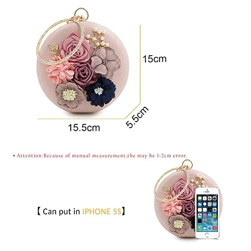 INOVERA (LABEL) Women's Floral Evening Clutch Ladies Party Wedding Round Purse Bag (Rose Gold)