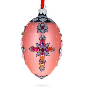 Italian Fashion House Jeweled Cross Glass Egg Christmas Ornament 4 Inches