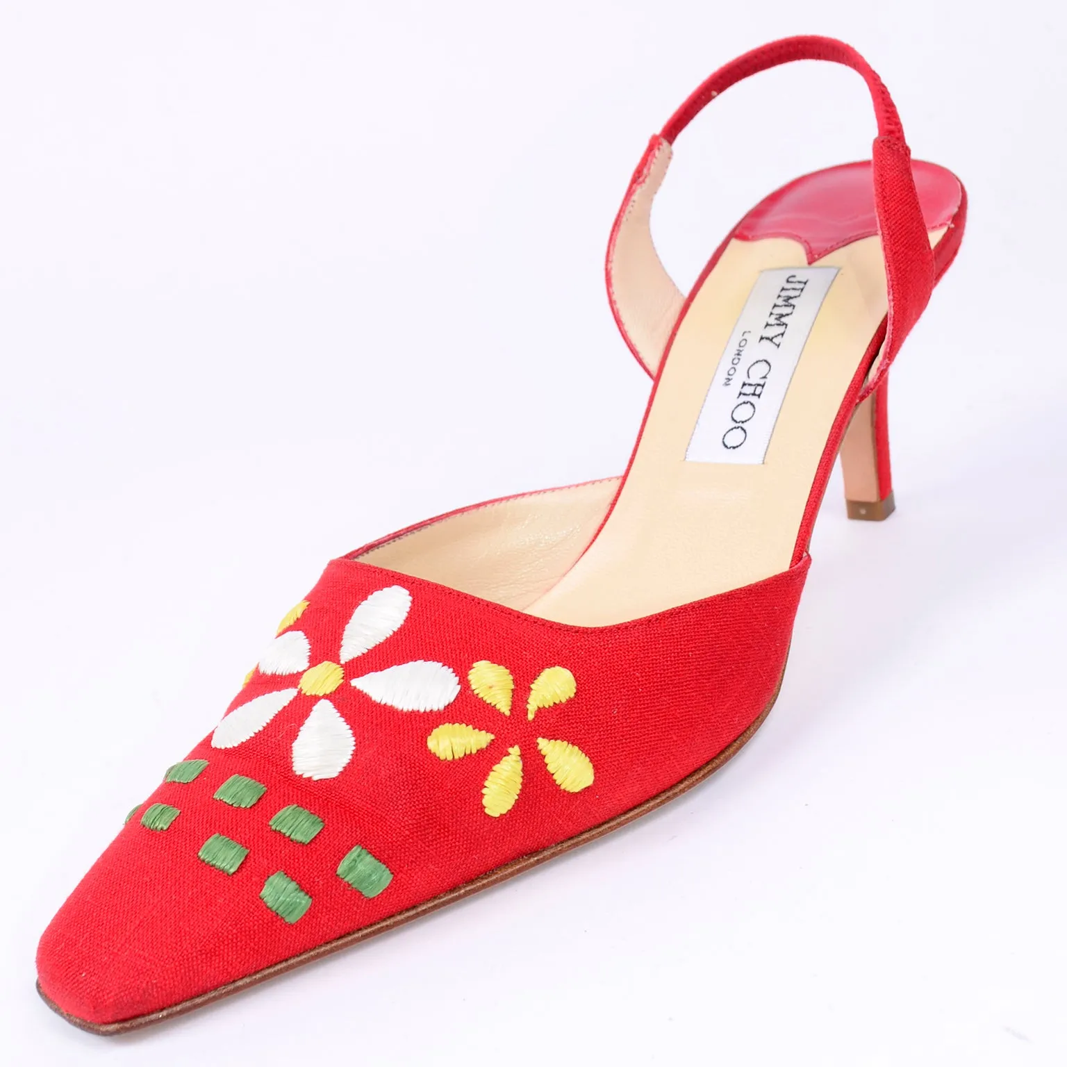 Jimmy Choo Shoes Vintage Red Linen Slingback Heels W Flowers