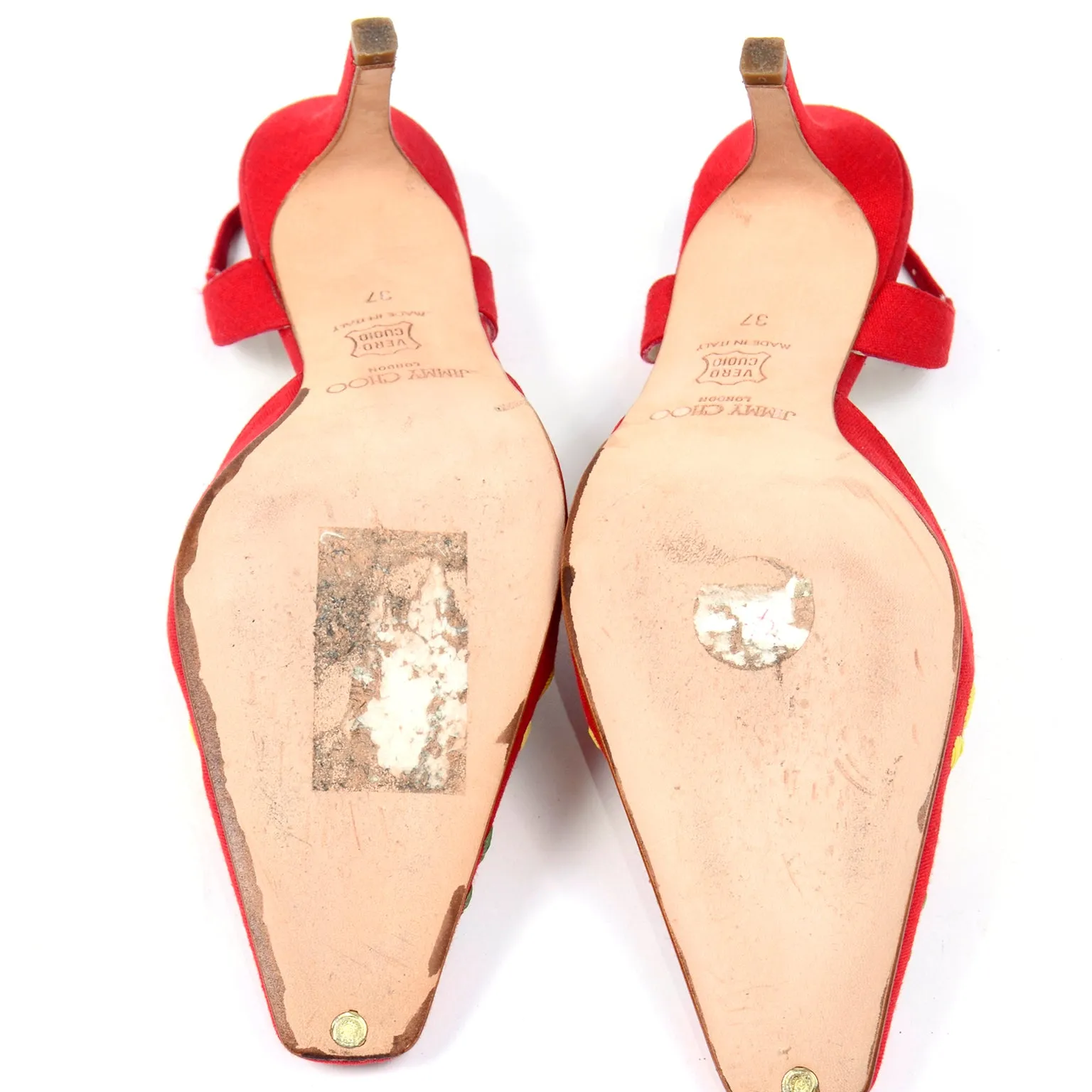 Jimmy Choo Shoes Vintage Red Linen Slingback Heels W Flowers