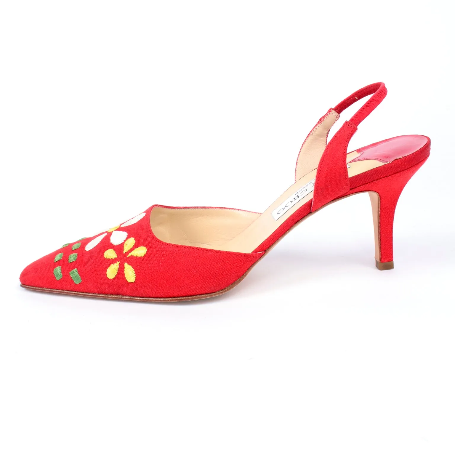 Jimmy Choo Shoes Vintage Red Linen Slingback Heels W Flowers