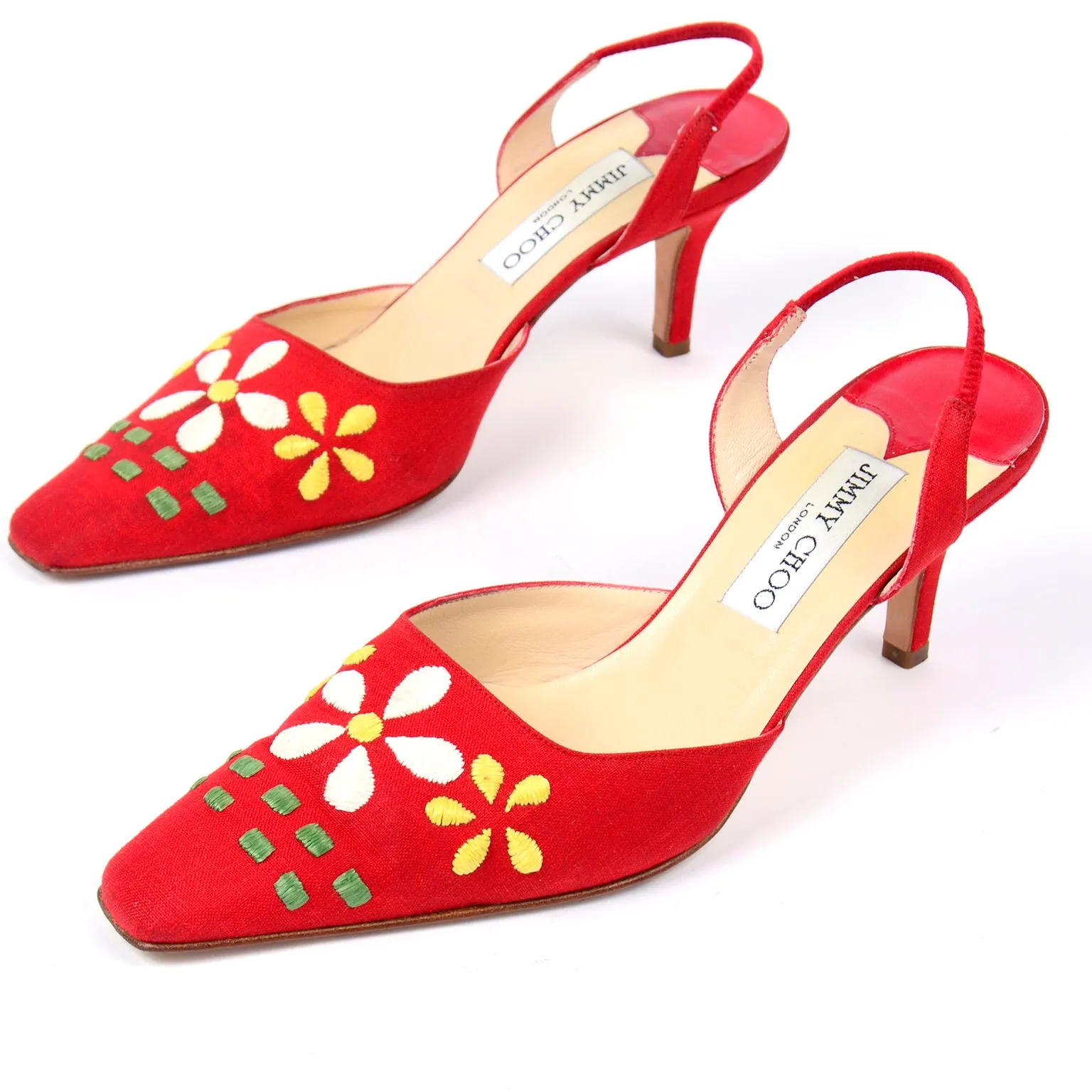 Jimmy Choo Shoes Vintage Red Linen Slingback Heels W Flowers