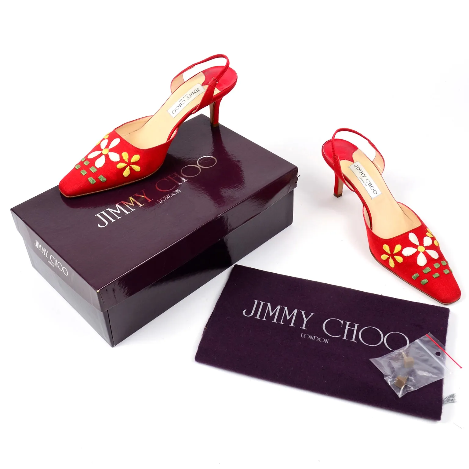 Jimmy Choo Shoes Vintage Red Linen Slingback Heels W Flowers