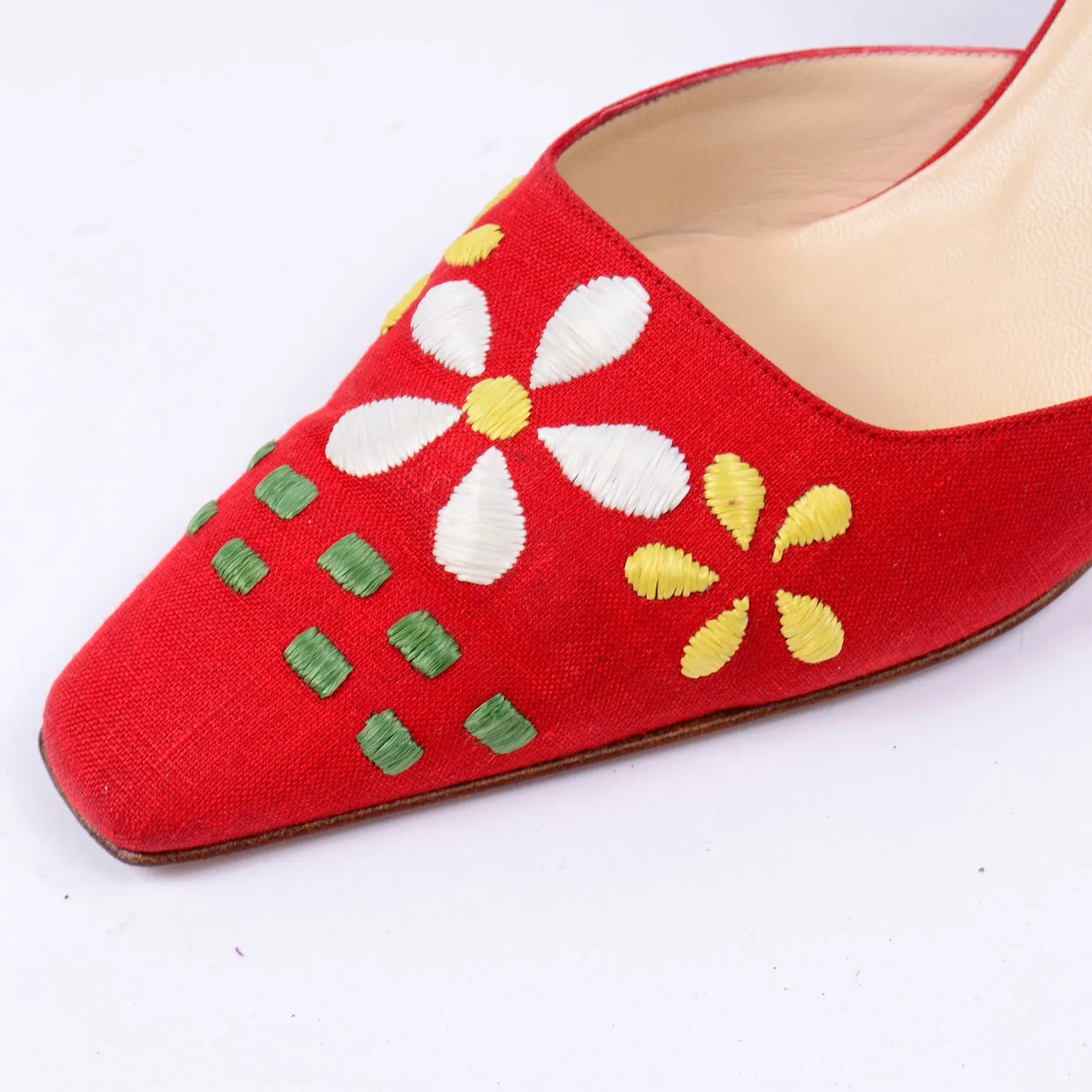 Jimmy Choo Shoes Vintage Red Linen Slingback Heels W Flowers