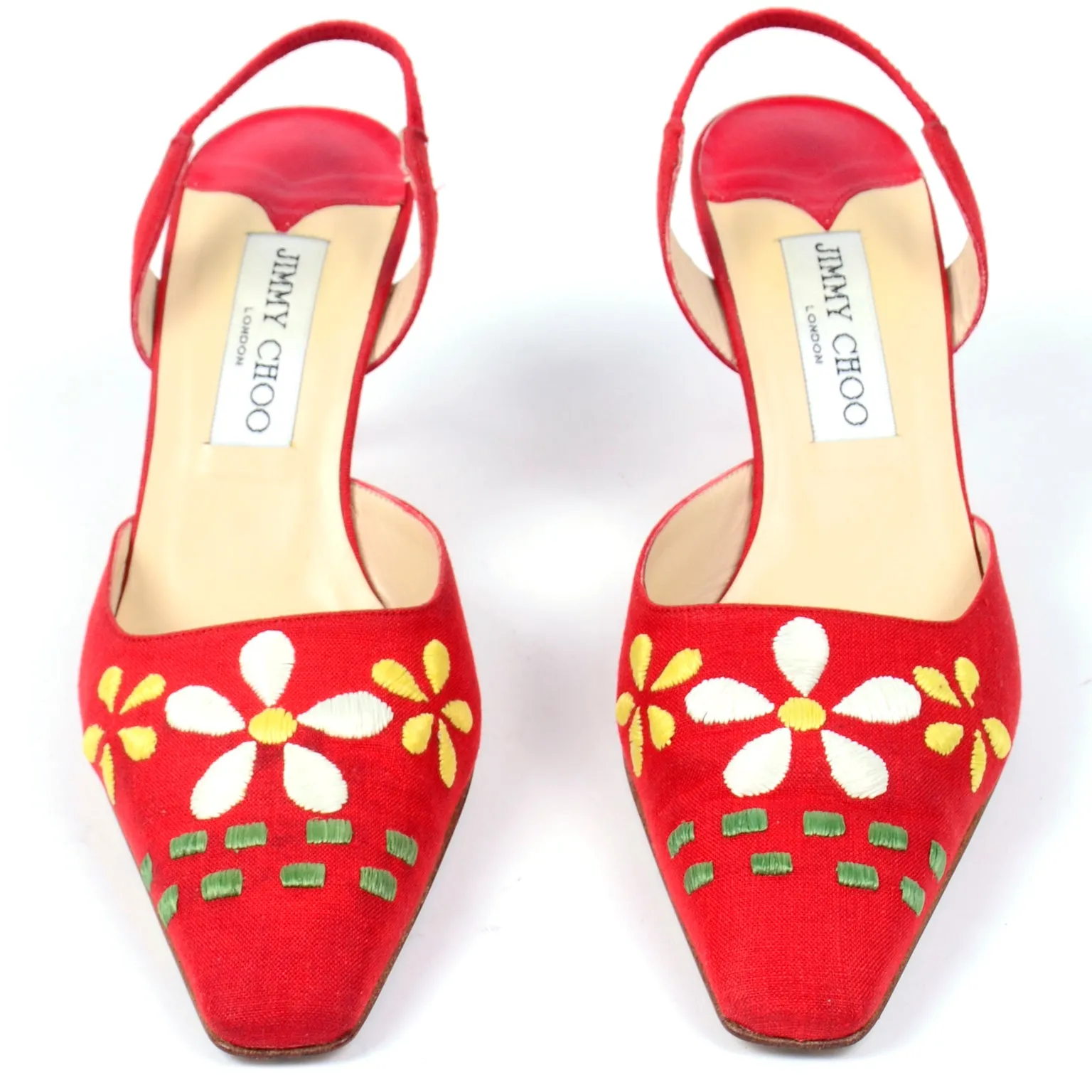 Jimmy Choo Shoes Vintage Red Linen Slingback Heels W Flowers