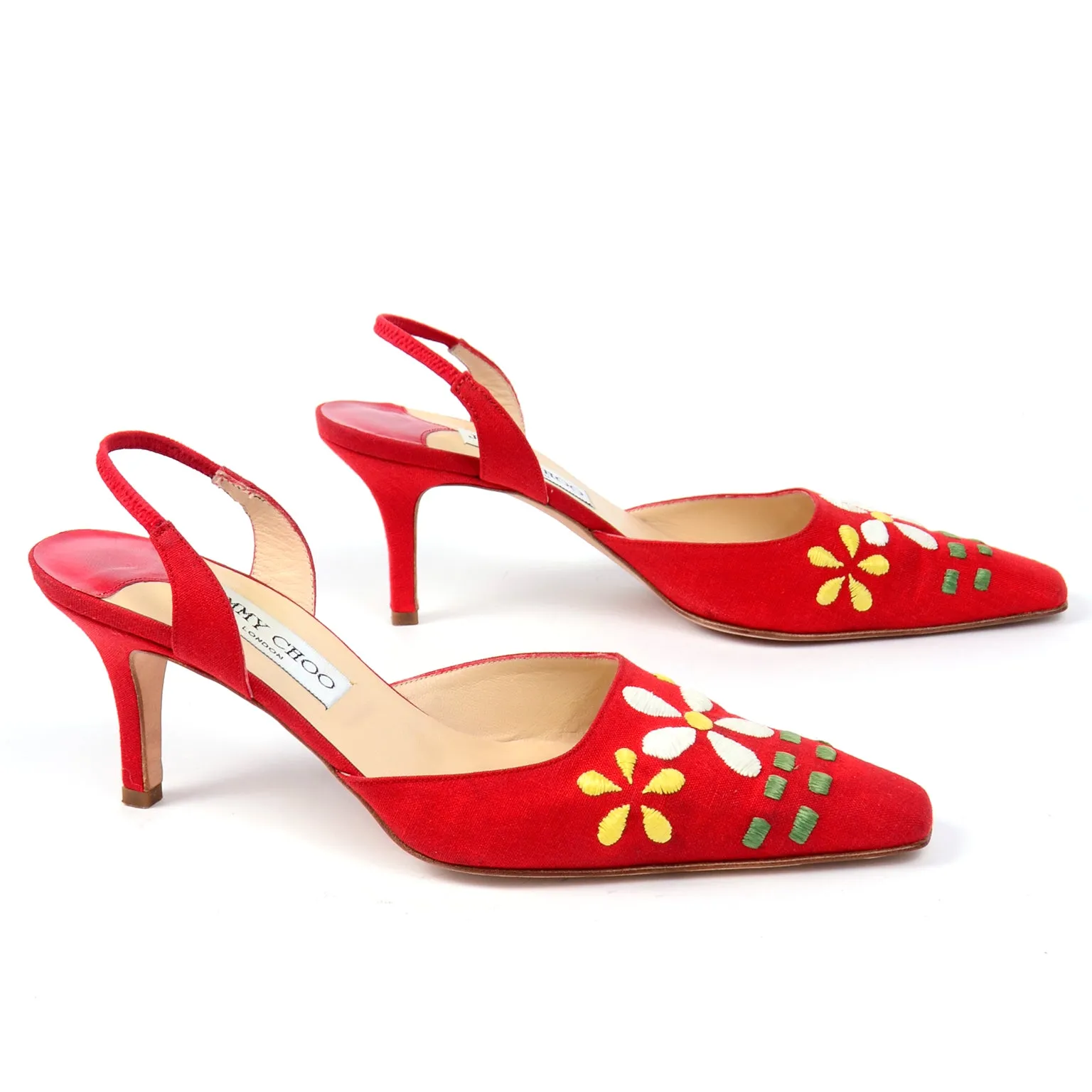 Jimmy Choo Shoes Vintage Red Linen Slingback Heels W Flowers