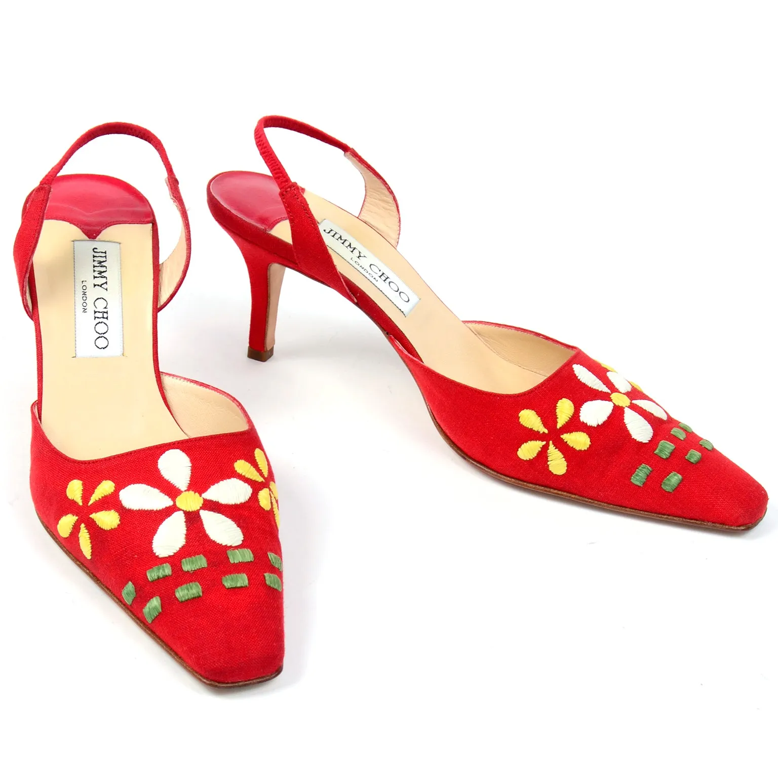 Jimmy Choo Shoes Vintage Red Linen Slingback Heels W Flowers