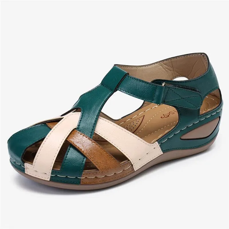 Ladies Retro Round Toe Cross Buckle Sandals