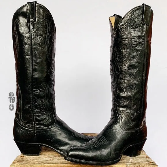 LARRY MAHAN Vintage New Tall Knee High Black Leather Cowgirl Western Boots