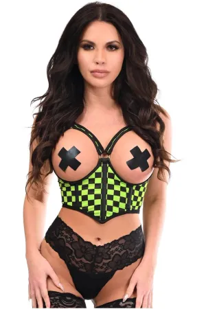 Lavish Neon Green Checker Underwire Open Cup Lycra Cincher w/Criss Cross Back