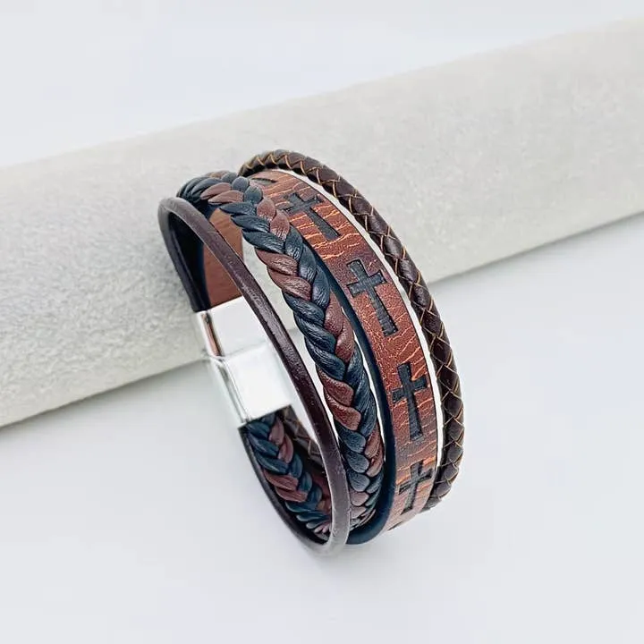 Leather Cross Men's Magnetic Buckle Bracelet