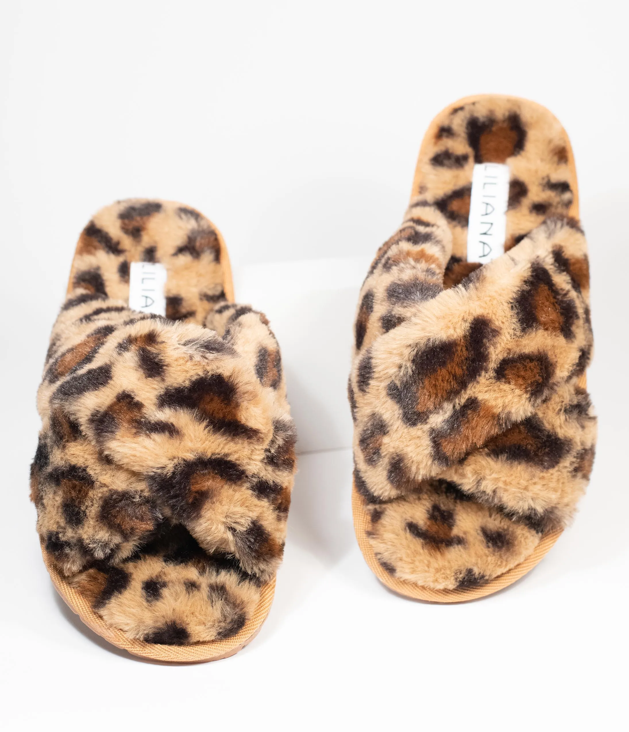 Leopard Fuzzy Cross Strap Slippers