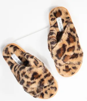 Leopard Fuzzy Cross Strap Slippers