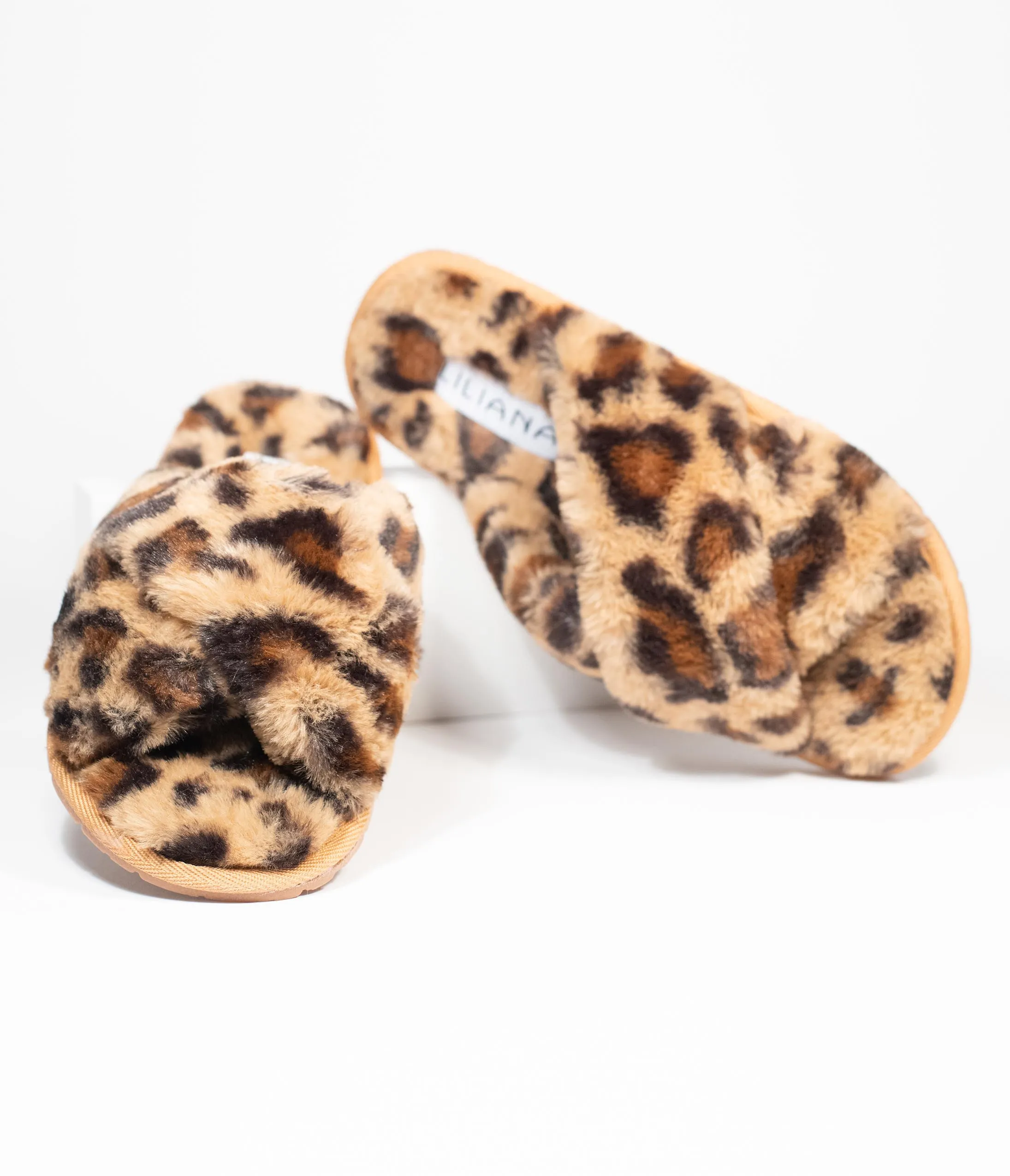 Leopard Fuzzy Cross Strap Slippers