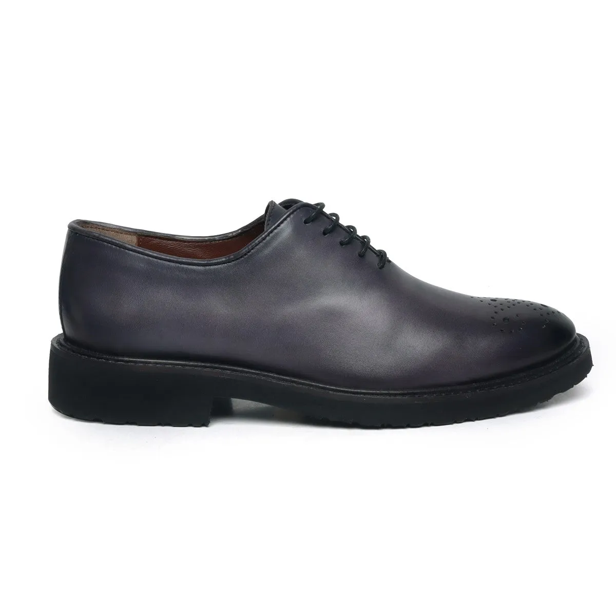 Lightweight Oxford Shoes Grey Leather Whole Cut/One Piece Medallion Toe By Brune & Bareskin