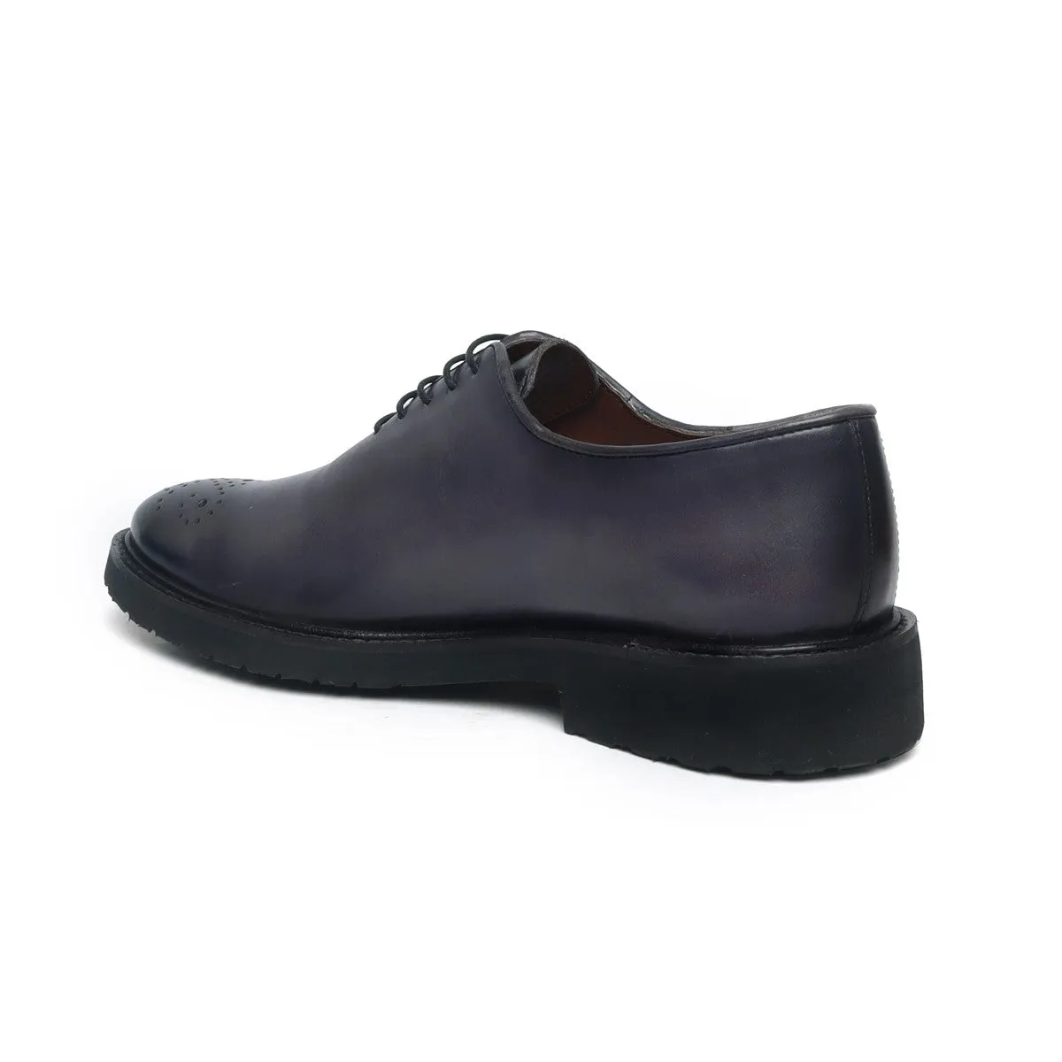 Lightweight Oxford Shoes Grey Leather Whole Cut/One Piece Medallion Toe By Brune & Bareskin