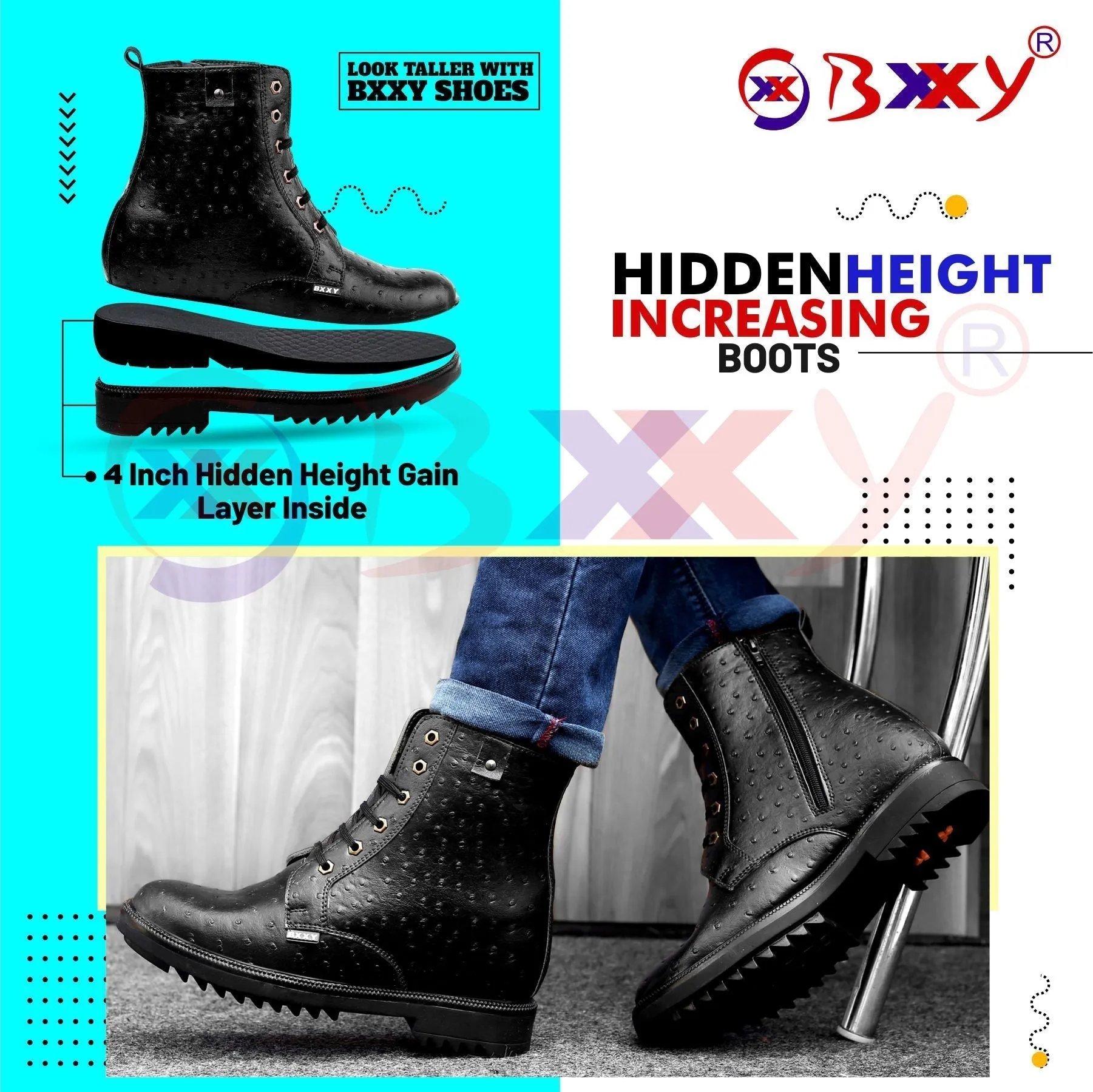 Men's 4 Inch Hidden Height Increasing Crocodile Textured High Ankle Trekking Boots