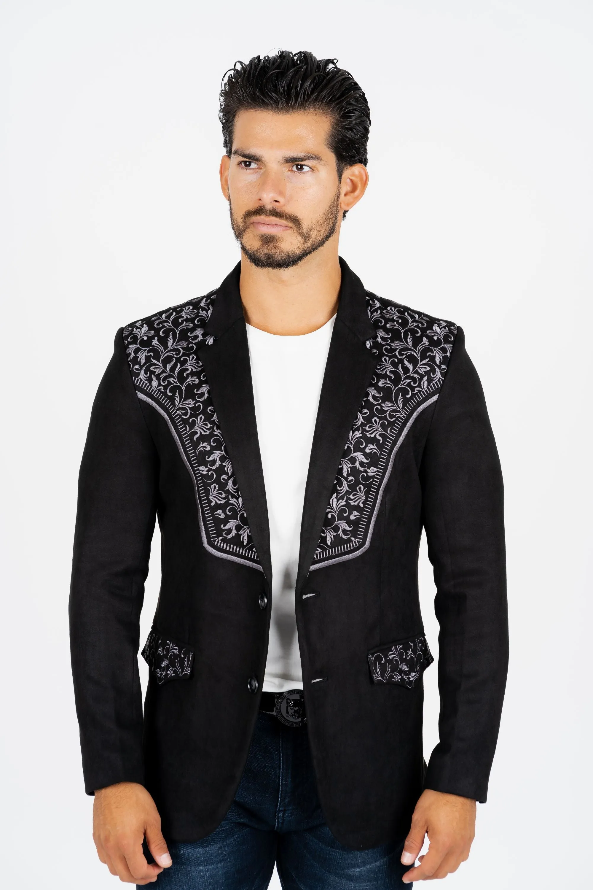 Men's Black Embroidered Faux-Suede Blazer