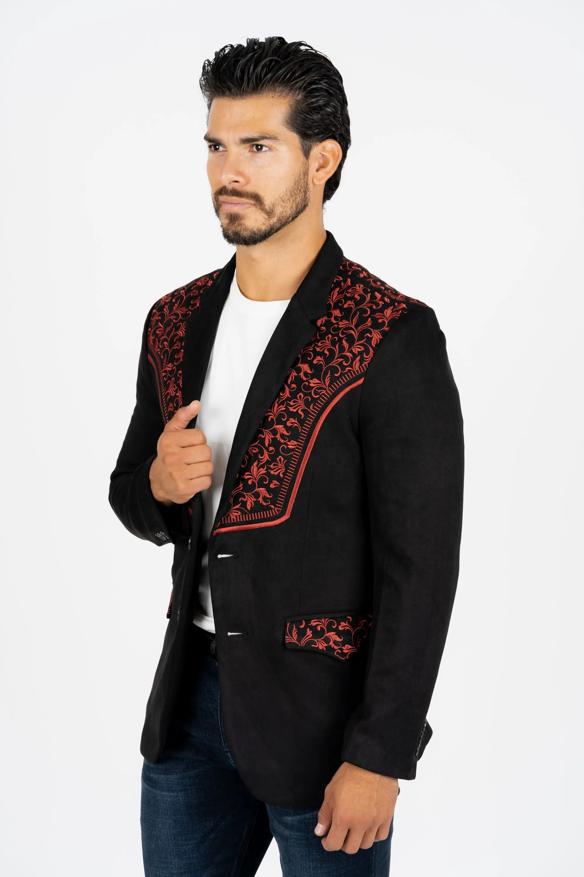 Men's Black/Burgundy Embroidered Faux-Suede Blazer