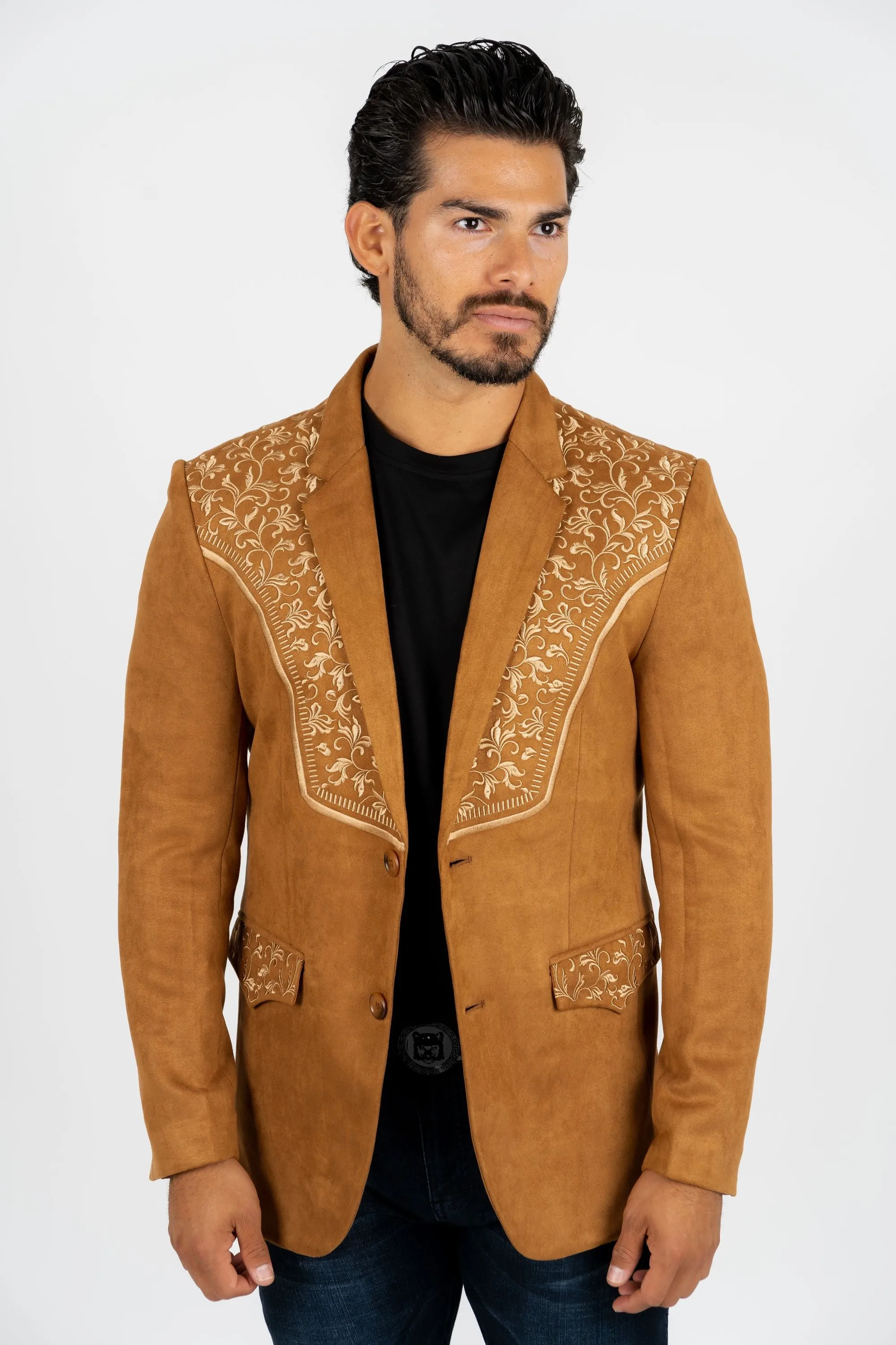 Men's Camel Embroidered Faux-Suede Blazer