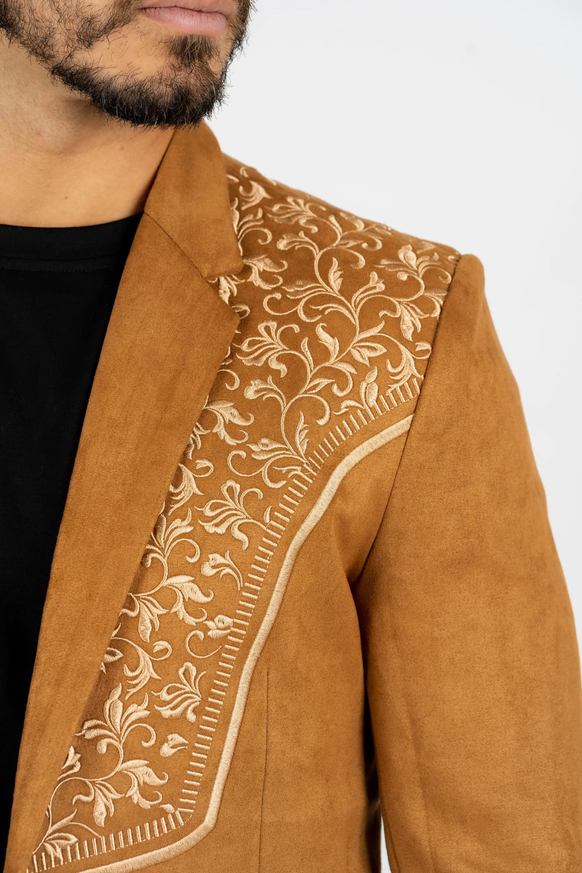 Men's Camel Embroidered Faux-Suede Blazer