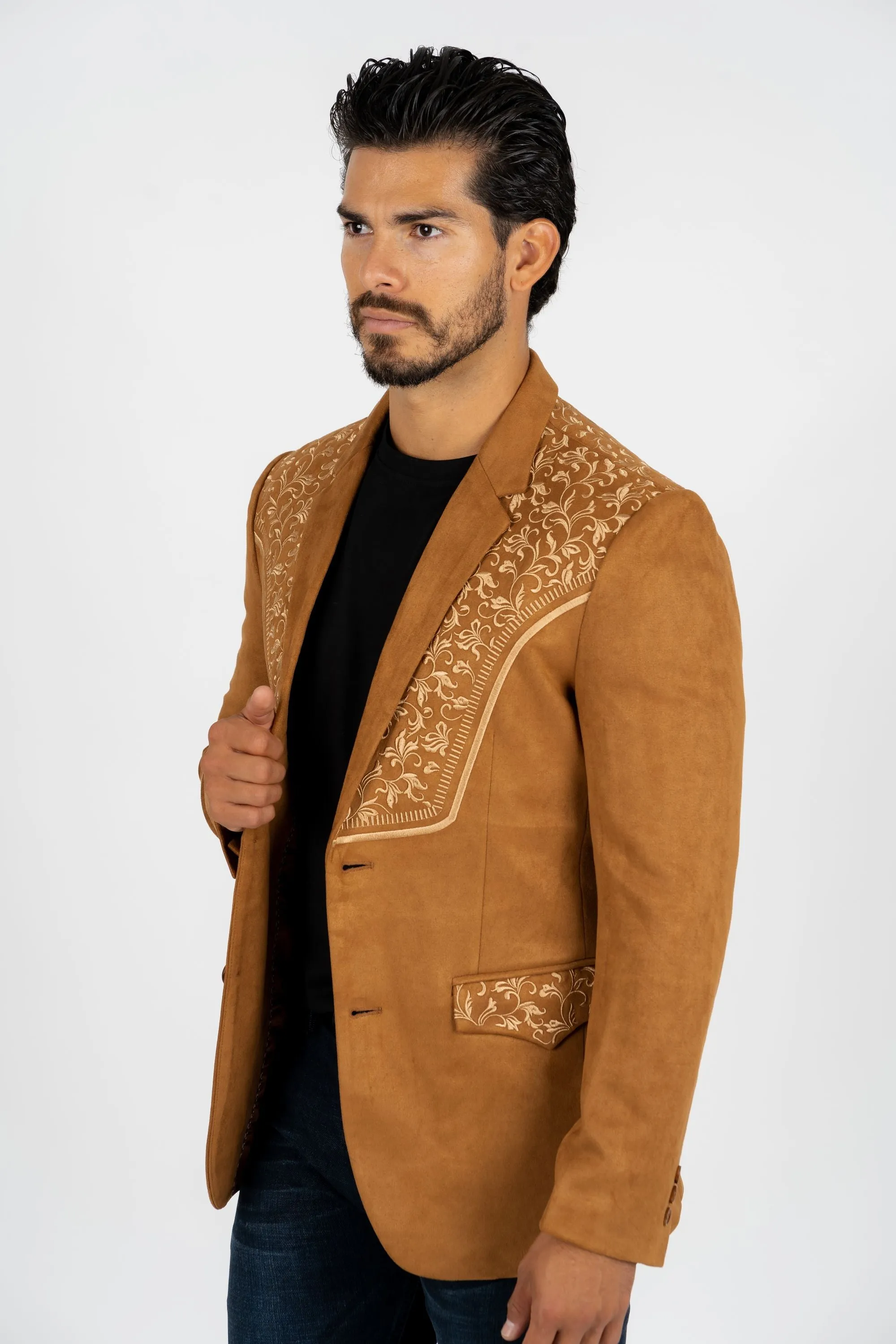 Men's Camel Embroidered Faux-Suede Blazer