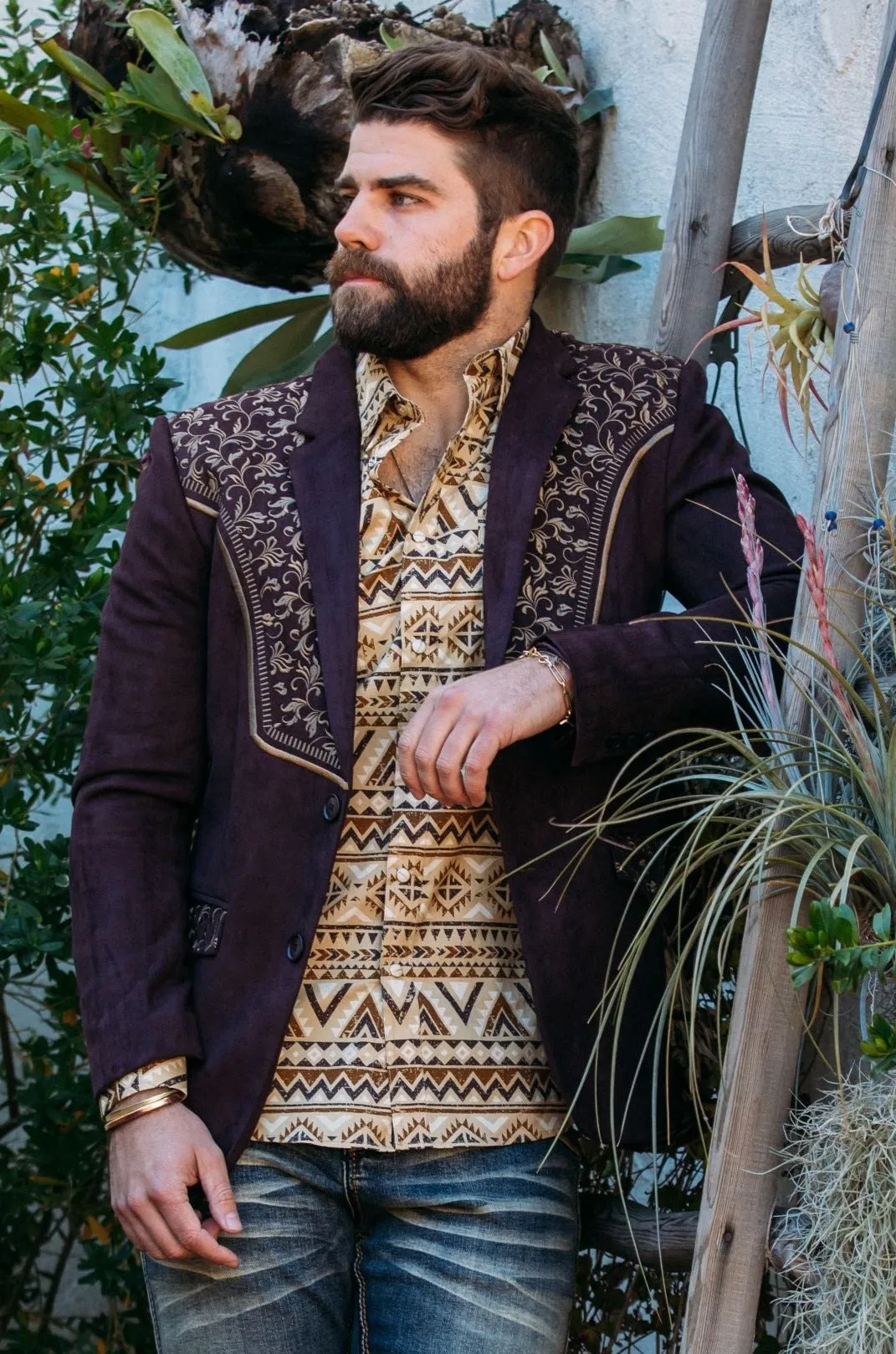 Men's Dark Brown Embroidered Faux-Suede Blazer