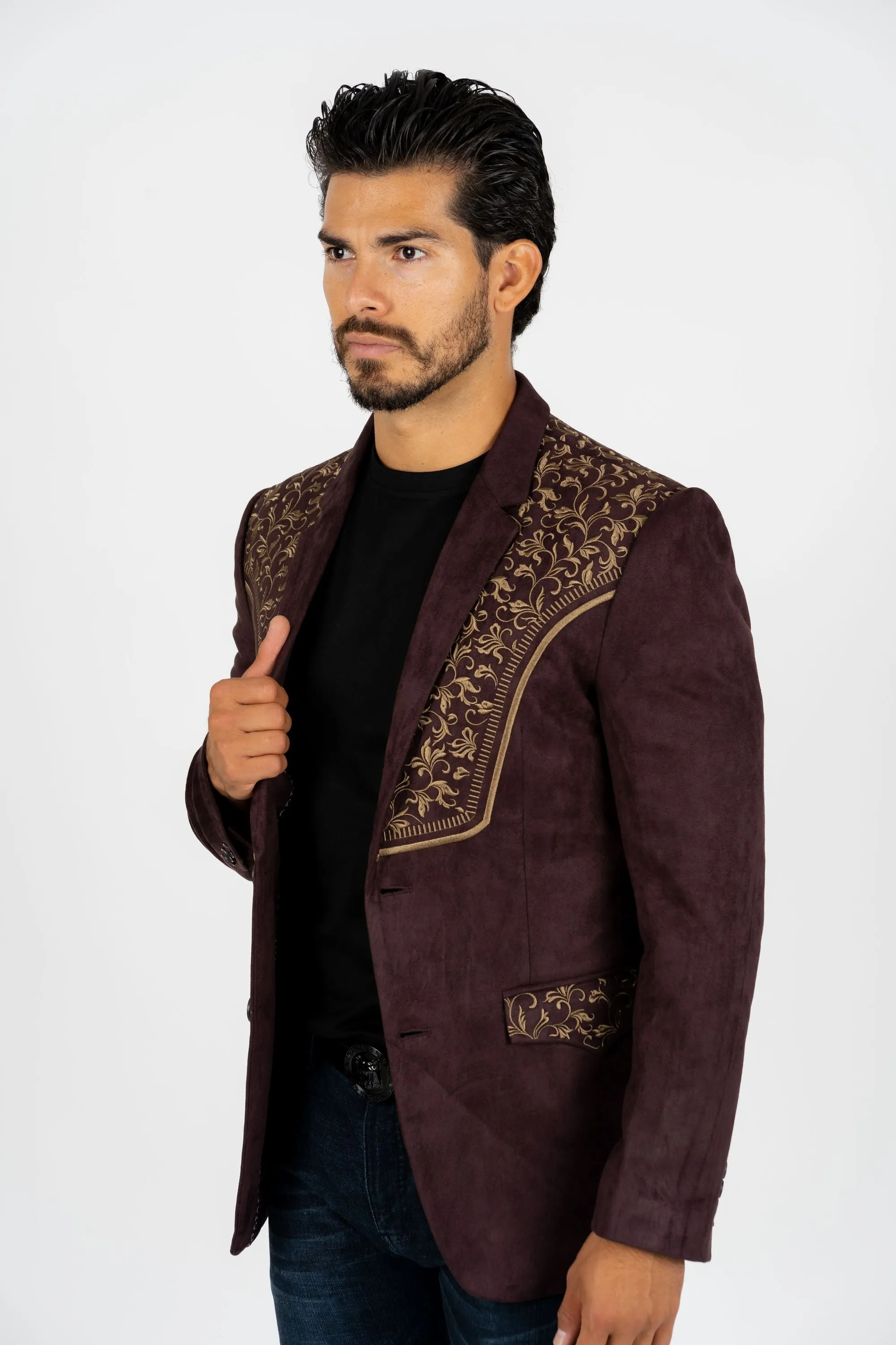 Men's Dark Brown Embroidered Faux-Suede Blazer