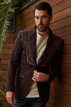 Men's Dark Brown Embroidered Faux-Suede Blazer