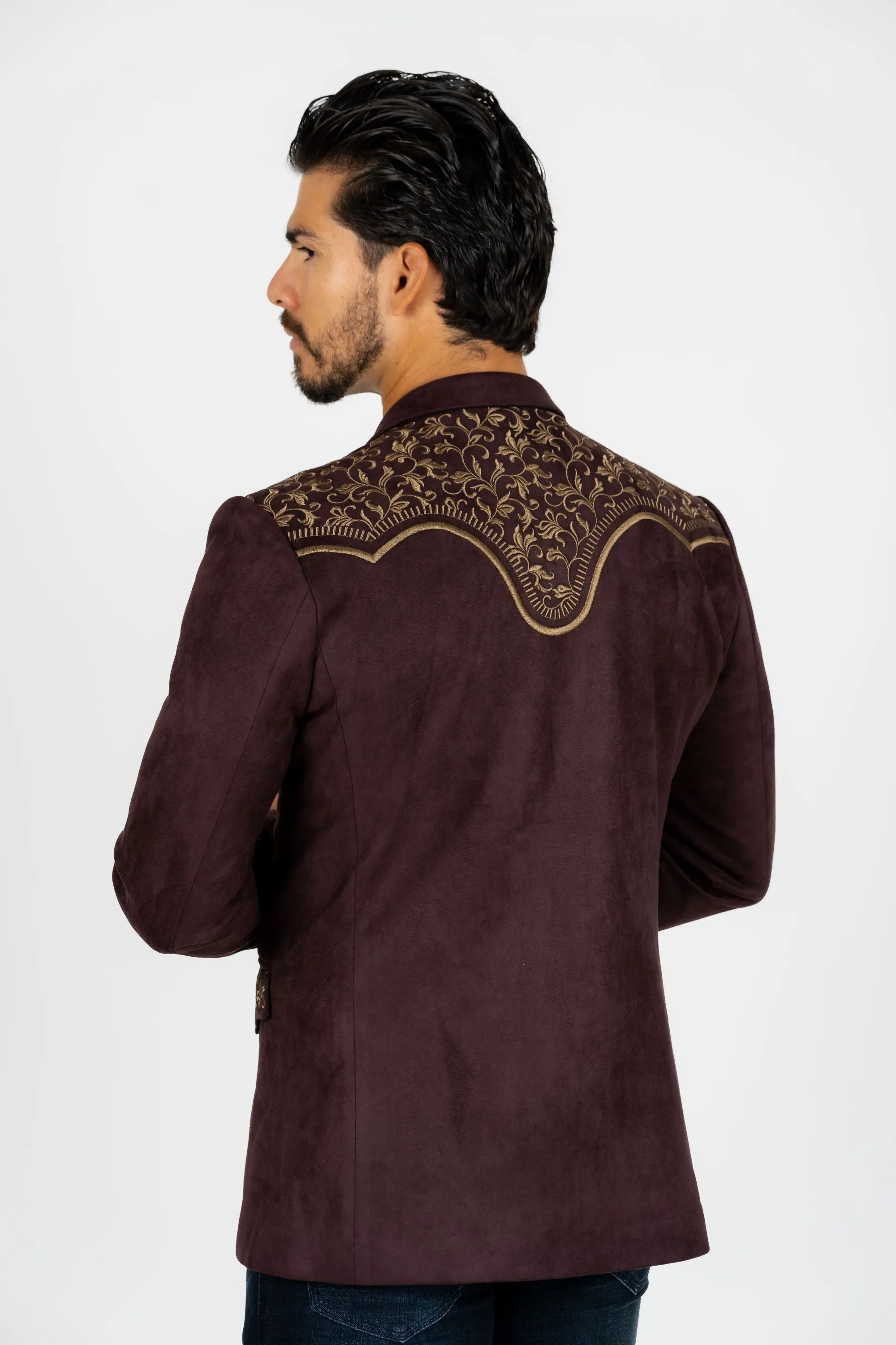 Men's Dark Brown Embroidered Faux-Suede Blazer